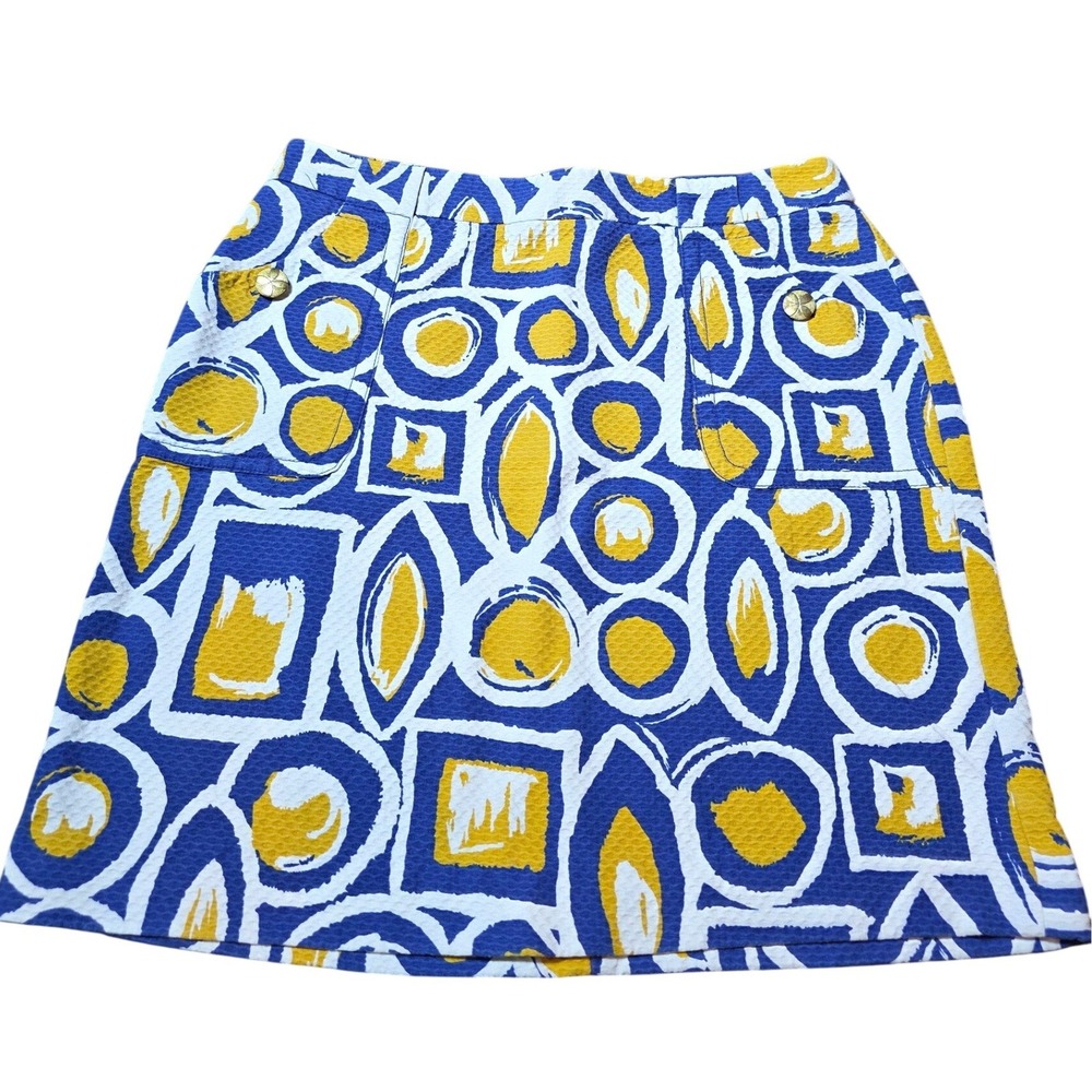 Harold's Women 8‎ Blue Yellow Geometric Mini Skirt Cotton Retro 60s Style Preppy